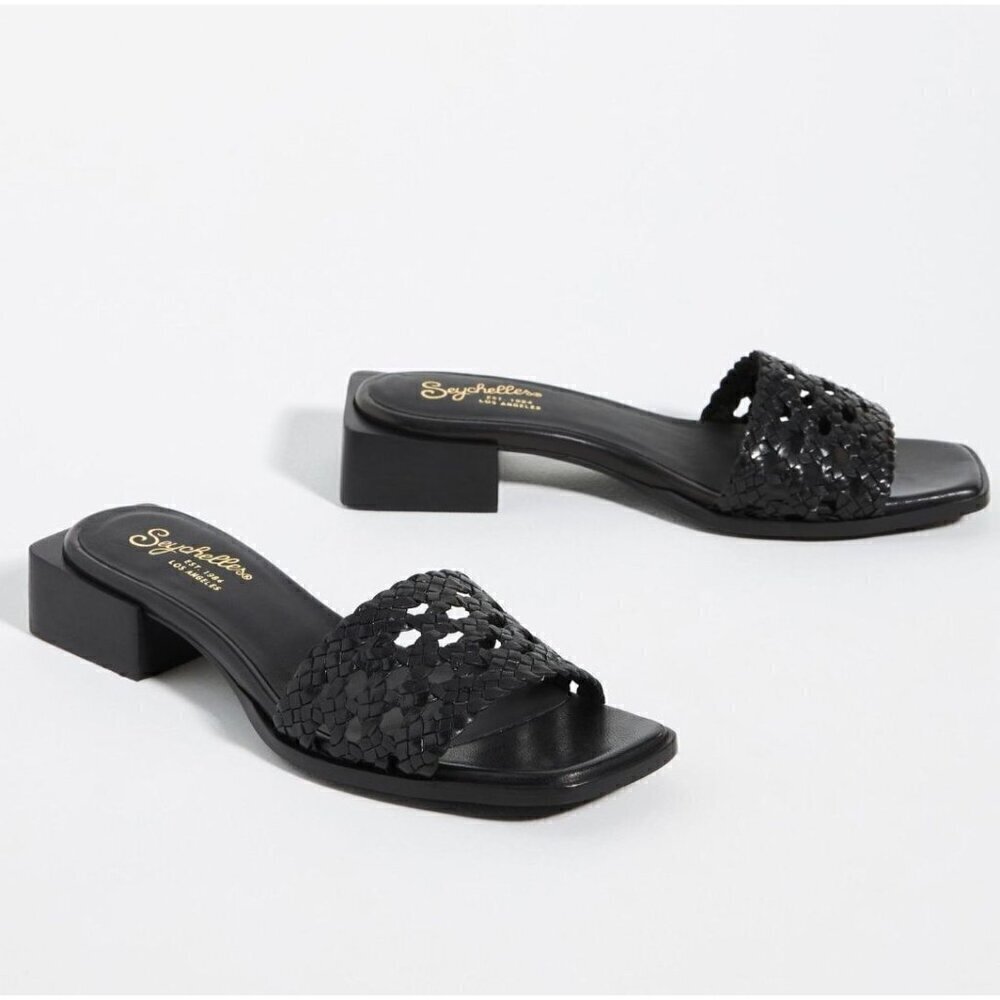 Anthropologie Seychelles Black Leather Woven Slide On Heels Size 7.5